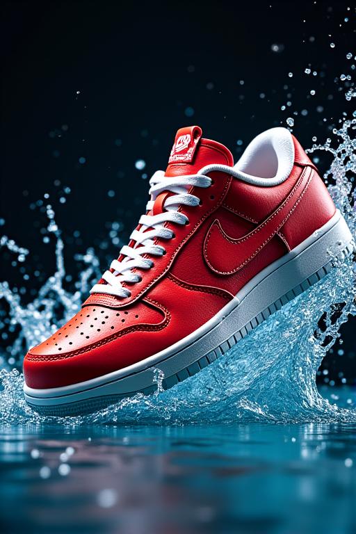 Gambar kasut sukan dengan percikan air